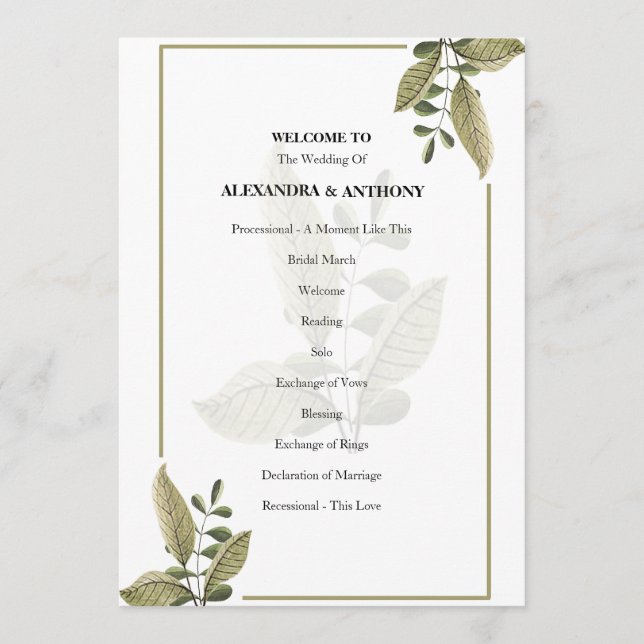 Elegant Minimalist Greenery Wedding Program Programme (Front)