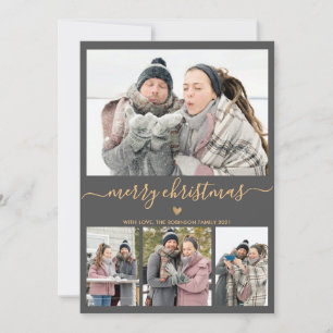 Elegant Minimalist Grey Gold 4 Photo Christmas Holiday Card