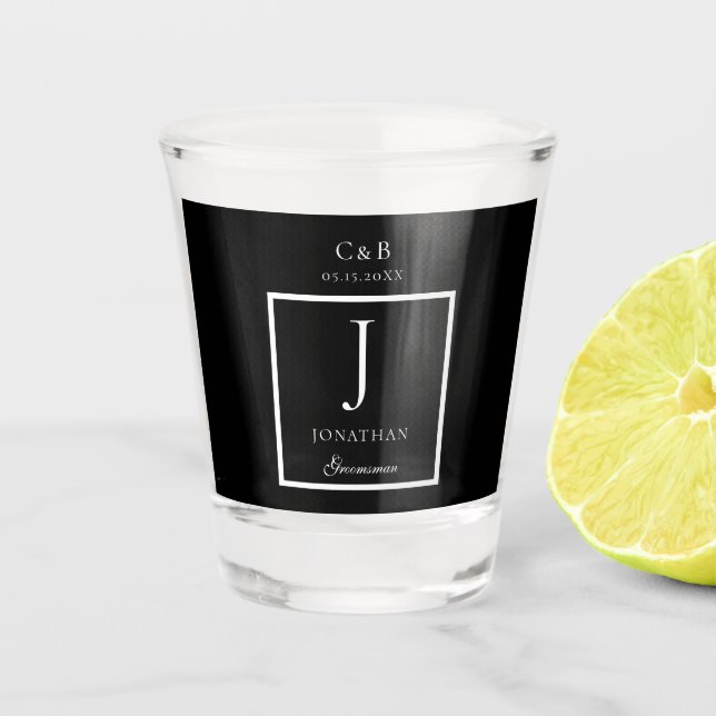 Elegant Minimalist Groomsman Monogram script Shot  Glass (Front)