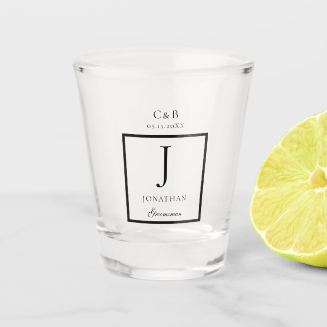 Elegant Minimalist Groomsman Monogram script Shot Glass (Front)