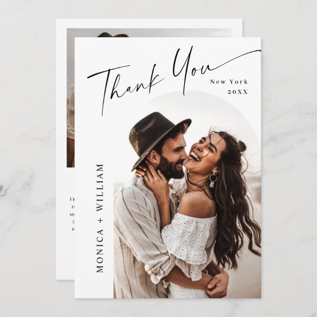 Elegant Minimalist Handwriting Wedding 2 Photo Thank You Card (Front/Back)