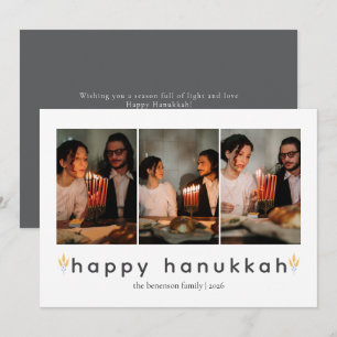 Elegant Minimalist Happy Hanukkah Family 3 Photo Holiday Card