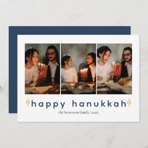 Elegant Minimalist Happy Hanukkah Family 3 Photo Holiday Card