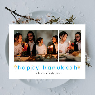 Elegant Minimalist Happy Hanukkah Family 3 Photo Holiday Card