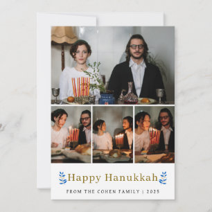 Elegant Minimalist Happy Hanukkah Family 4 Photo Holiday Card