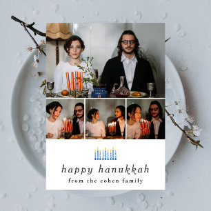 Elegant Minimalist Happy Hanukkah Family 4 Photo  Holiday Card