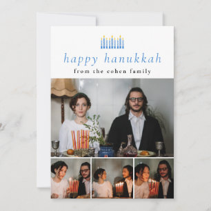 Elegant Minimalist Happy Hanukkah Family 4 Photo Holiday Card