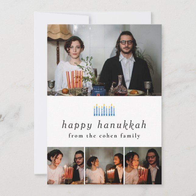 Elegant Minimalist Happy Hanukkah Family 4 Photo Holiday Card (Front)
