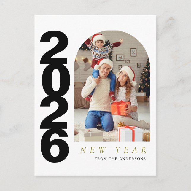 Elegant Minimalist Happy New Year Family Photo Holiday Postcard (Front)