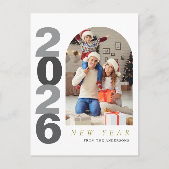 Elegant Minimalist Happy New Year Family Photo Holiday Postcard (Front)