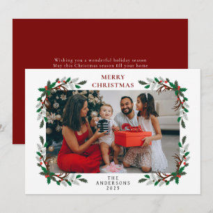 Elegant Minimalist Holly Berry Christmas Family Holiday Card