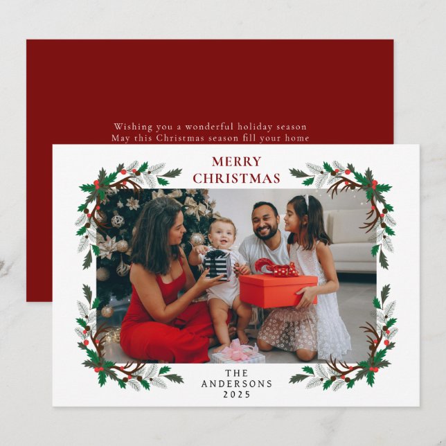 Elegant Minimalist Holly Berry Christmas Family Holiday Card (Front/Back)