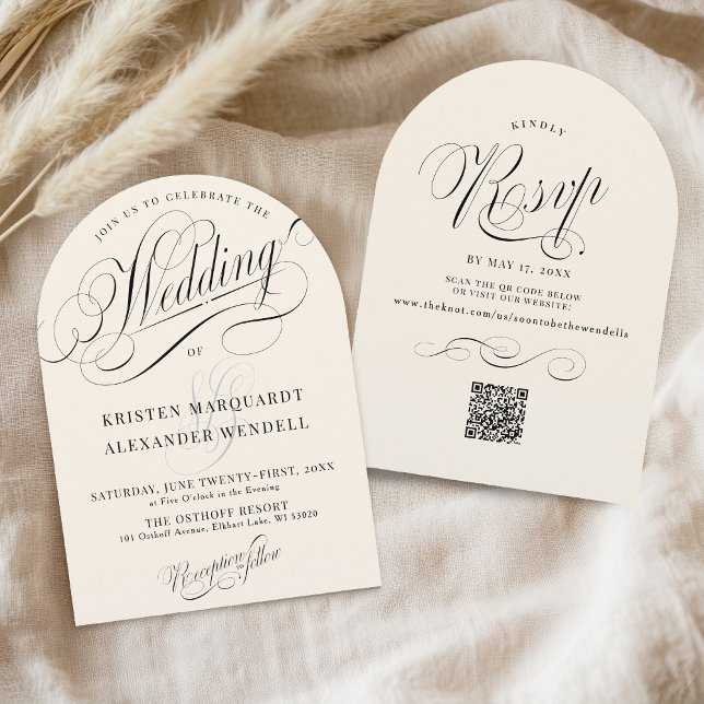 Elegant Minimalist Ivory & Black Arch Wedding Invitation (Elegant simple minimalist script typography classic ivory and black QR code rsvp wedding invitation)