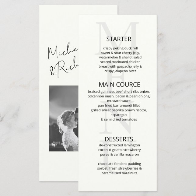 Elegant Minimalist Ivory Script Photo Wedding  Menu (Front/Back)
