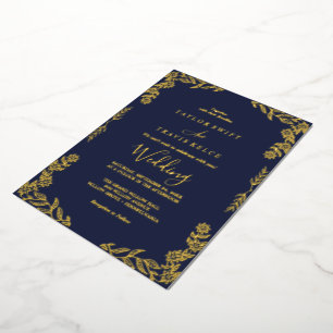 Elegant Minimalist Leaf  Gold Foil Navy Blue Frame
