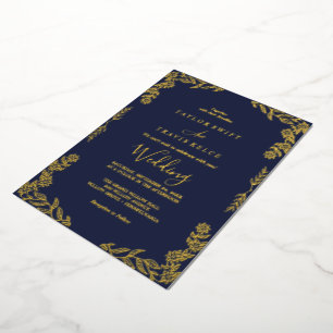 Elegant Minimalist Leaf  Gold Foil Navy Blue Frame