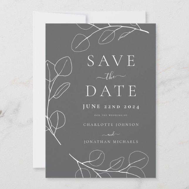 Elegant Minimalist Leaves Grey Wedding Save The Date (Front)