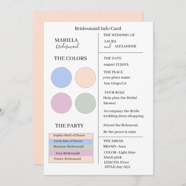 Elegant Minimalist Light Blue And Blush Pink Bride Invitation (Front/Back)