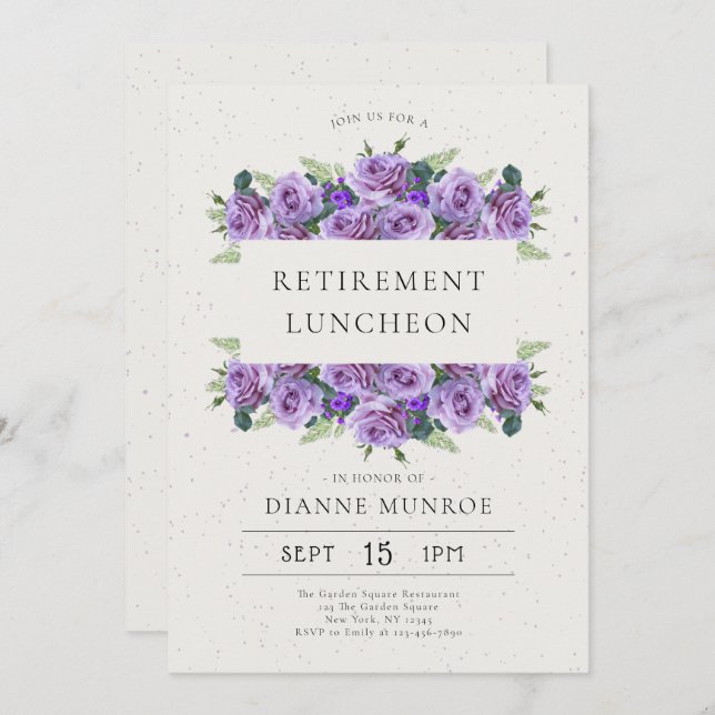 Elegant Minimalist Lilac Floral Retirement  Invitation (Front/Back)