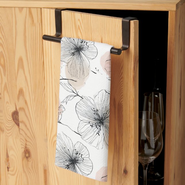 Elegant Minimalist Line Art Floral Pattern Tea Towel (Thirds Fold)