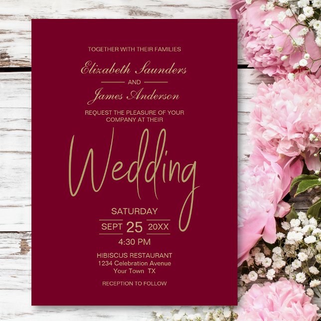 Elegant Minimalist Magenta Gold Wedding Invitation (Creator Uploaded)