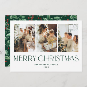 Elegant Minimalist Merry Christmas 3 Photo Holiday Card