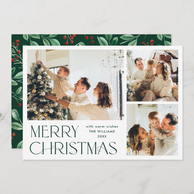 Elegant Minimalist Merry Christmas 3 Photo Holiday Card (Front/Back)