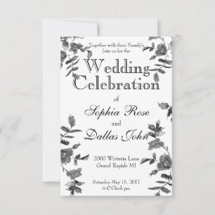 Elegant minimalist modern black white wildflowers invitation