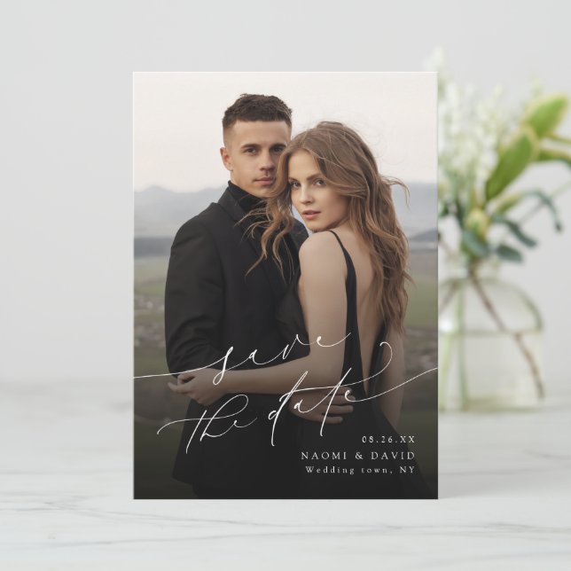 Elegant Minimalist Modern Chic Script Photo   Save The Date (Standing Front)