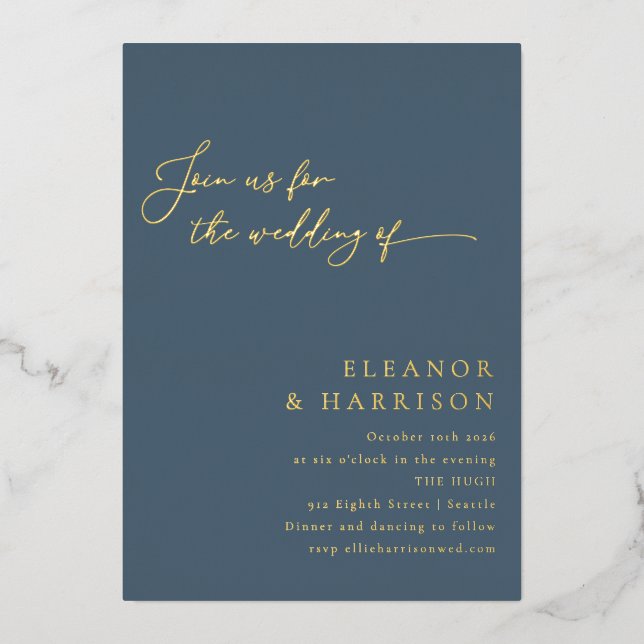 Elegant Minimalist Modern Dark Blue Script Wedding (Front)