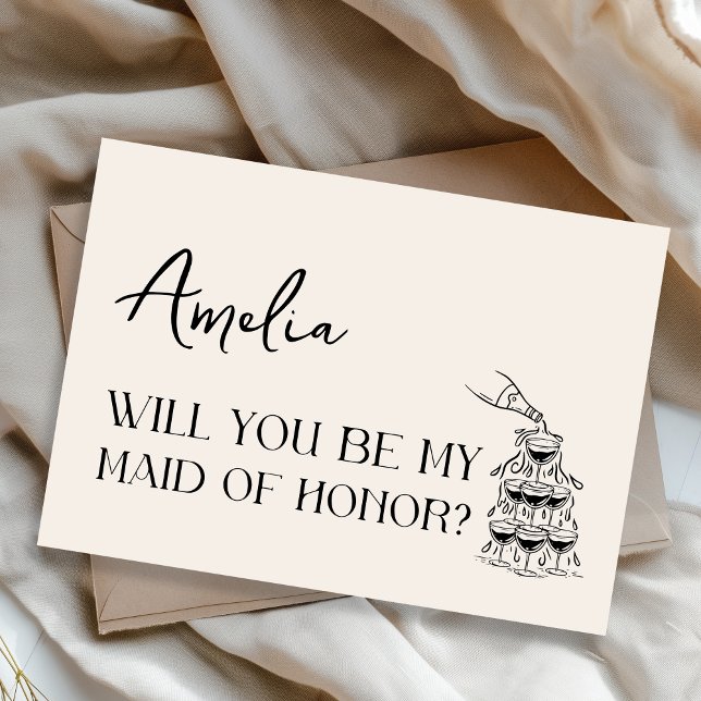 Elegant Minimalist Modern Maid of Honour Proposal Card (Thoughtfully designed maid of honor proposal card with a stylish champagne tower illustration.)
