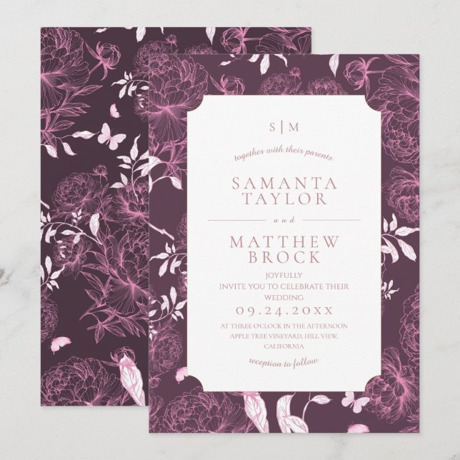 Elegant Minimalist Modern Peony Wedding  Invitation (Front/Back)