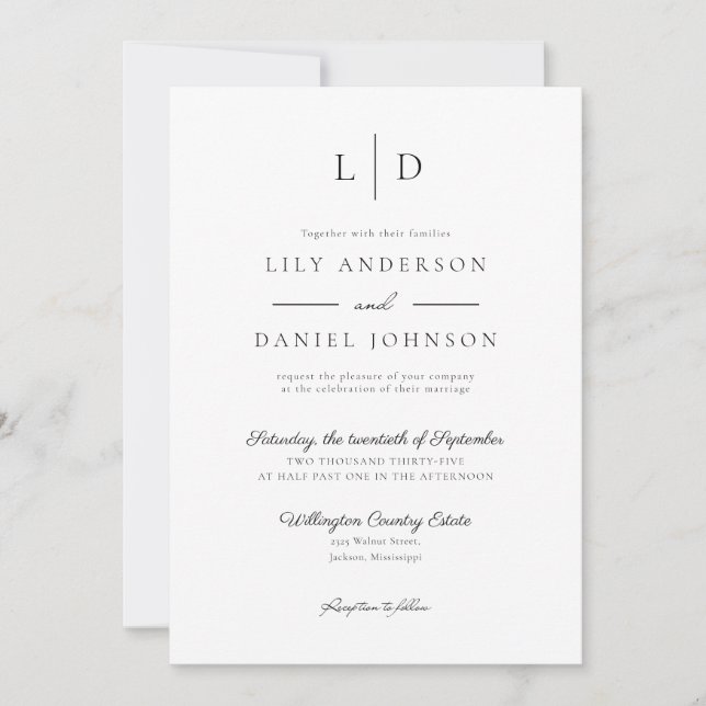 Elegant Minimalist Monogram All In One Wedding Invitation (Front)