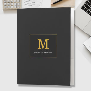 Elegant Minimalist Monogram Text Black Gold Pocket Folder