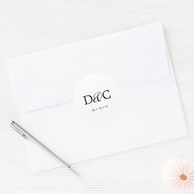 Elegant Minimalist Monogram White Wedding Classic Round Sticker (Envelope)