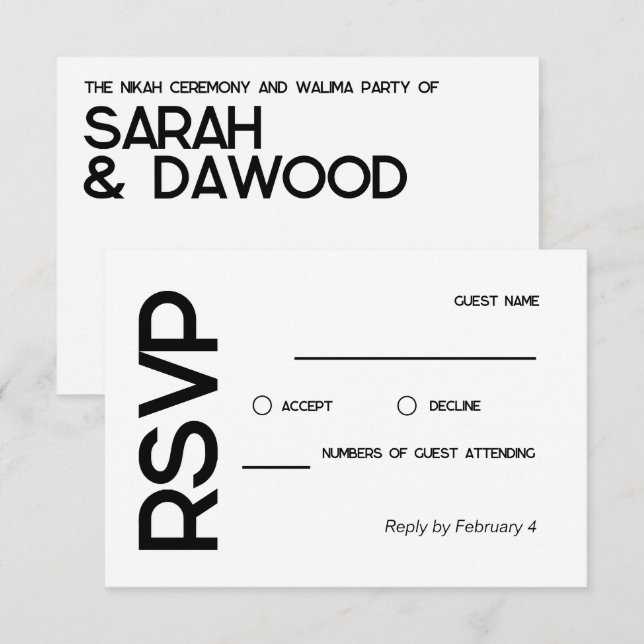 Elegant Minimalist Muslim White Black Wedding RSVP Card (Front/Back)