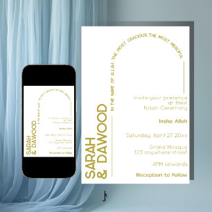 Elegant Minimalist Muslim White Brass Wedding Invitation