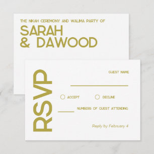 Elegant Minimalist Muslim White Brass Wedding RSVP Card