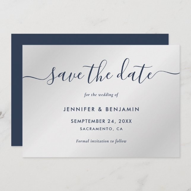 Elegant Minimalist Navy Blue and Silver Wedding Save The Date (Front/Back)
