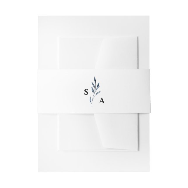 Elegant Minimalist Navy Blue Botanical Monogram Invitation Belly Band (Front Example)