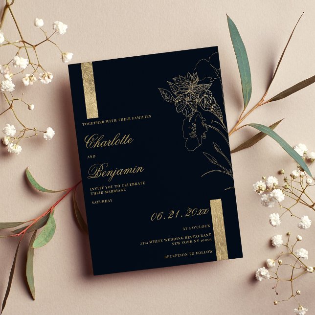 Elegant minimalist navy blue gold floral wedding  invitation (Elegant minimalist navy blue gold floral wedding)