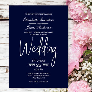 Elegant Minimalist Navy Blue White Wedding Invitation
