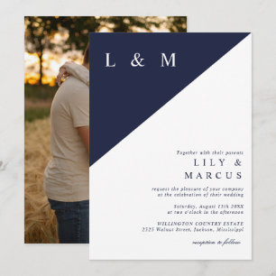 Elegant Minimalist Navy Blue White Wedding Photo Invitation