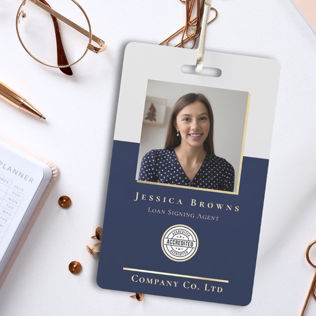 Elegant Minimalist Navy Gold Photo Logo QR code ID Badge (Creator Uploaded)