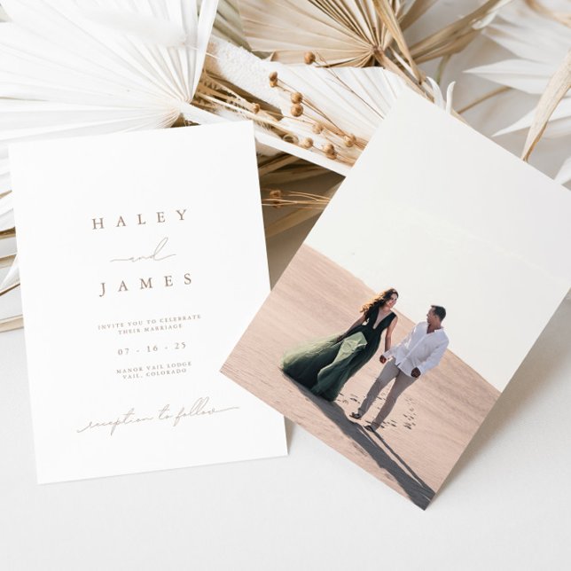 Elegant Minimalist Neutral Script Photo Wedding Invitation (Creator Uploaded)