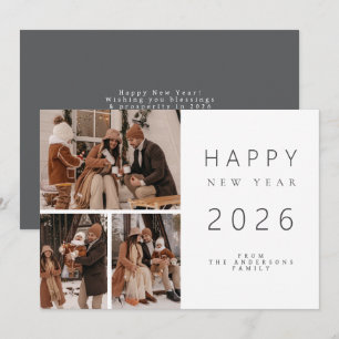 Elegant Minimalist New Year Cheers Family 3 Photo Holiday Card