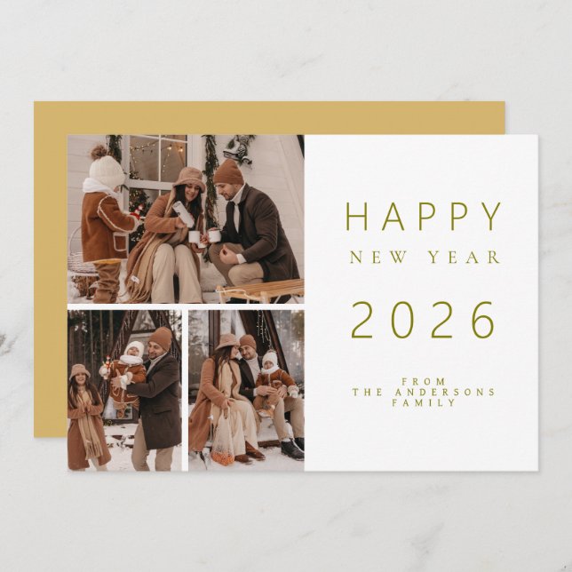 Elegant Minimalist New Year Cheers Family 3 Photo Holiday Card (Front/Back)