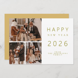 Elegant Minimalist New Year Cheers Family 3 Photo Holiday Card