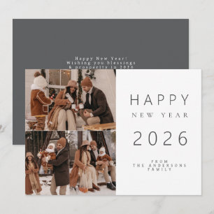 Elegant Minimalist New Year Cheers Family 3 Photo Holiday Card