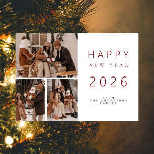 Elegant Minimalist New Year Cheers Family 3 Photo Holiday Card